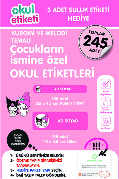 OKUL ETİKETİ BASKI OKUL ETİKETİ KUROMİ MELODY TEMALI MİDİ PAKET İSME ÖZEL OKU...