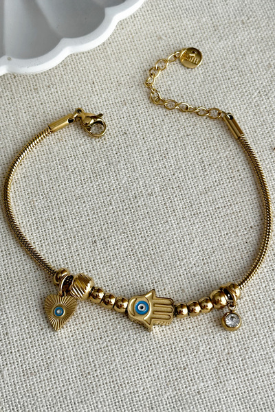MODA Çelik 18 Cm Nazarlı Hamsa Charmlı Model Kadın Çelik Bileklik – Altın Ren...