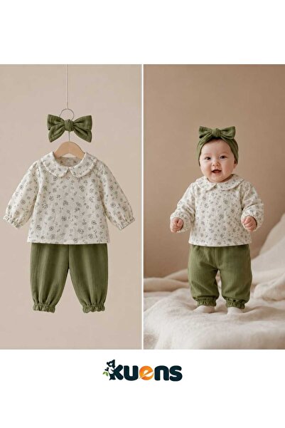 KUENS KuensKids Kız Bebek 2'li Müslin Takım Bandana ve Çıtçıt Detaylı Yeşil R...