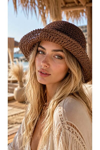 HAZAL KAYA ATELIER Brown Hand Knitted Straw Bucket Women's Hat