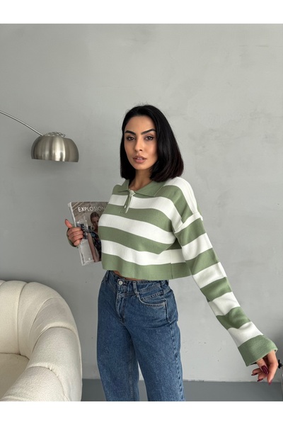 alanora Buttoned Polo Neck Cotton Knitwear Striped Sweater