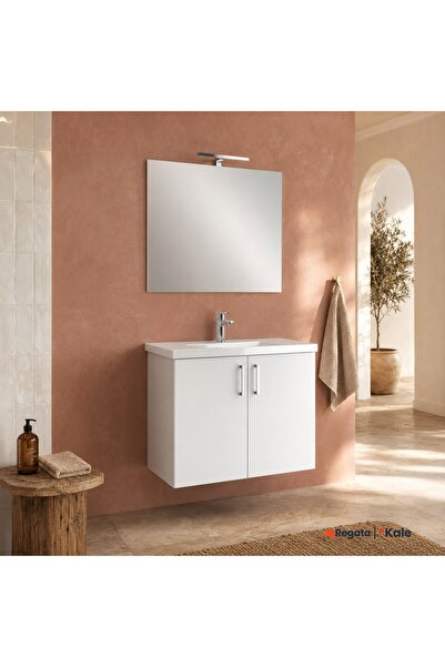 KALE Noah Beyaz 80 cm Kapaklı Alt Dolap, Lavabo ve Aynalı Banyo Seti