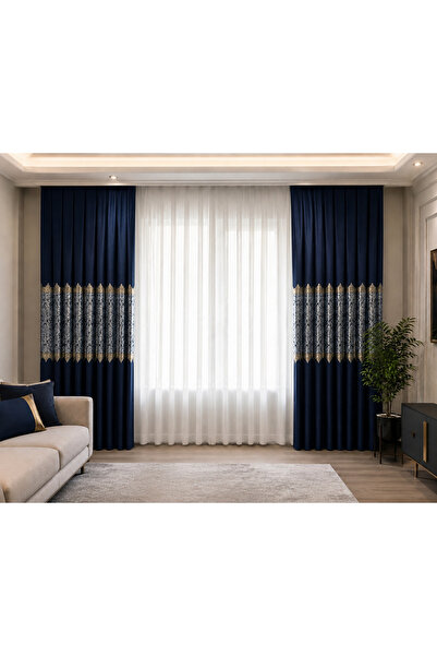 SAYDEMİR HOME Pano Fon Perde Lacivert Damask Çiçek Desenli Fon Perde SIK PİLE...