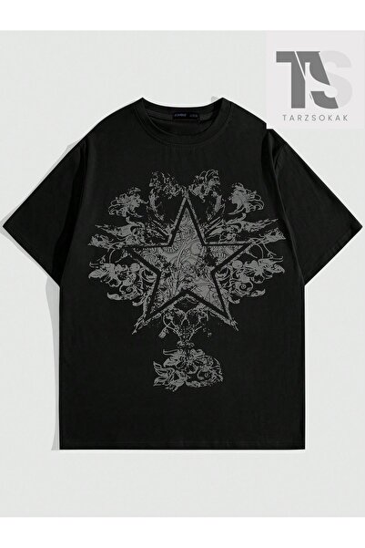Tarzsokak Grunge Punk Erkek Yıldız ve Çiçek Baskılı Tişört