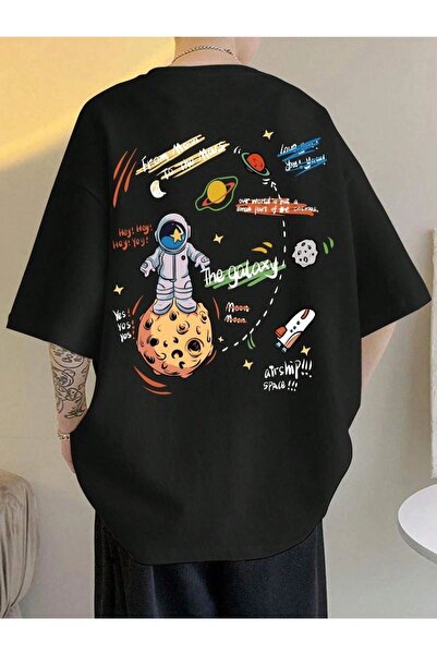 Yasolin Unisex Μαύρο μπλουζάκι με στάμπα Galaxy Planet Oversize Crew Neck