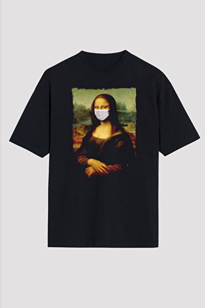 Adrift Tricou oversize negru unisex cu imprimeu Covid Corona Mona Lisa