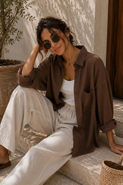 NUDEQUEEN Oversize Keten Dokulu %100 Pamuk Tek Cepli Salaş Gömlek KGT-KU3435