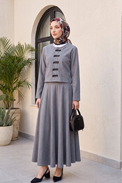 Modamorfo Leather Detailed Thessaloniki Suit with Buttoned Front Skirt - Gray