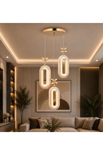 EY-EL TASARIM 3 LÜ DEFNE 3 RENK MODLU KRİSTAL TAŞLI LEDLİ SARKIT AVİZE