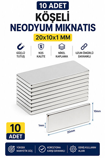 Dünya Magnet 10 Adet - Köşeli Neodyum Mıknatıs, 20x10x1 Mm, Güçlü Magnet, N35...