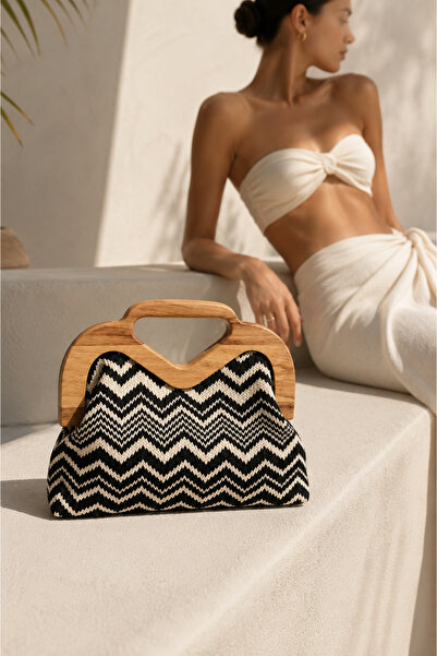 Nua Bags Hasır Görünümlü Renkli Ahşap Çerçeveli Siyah & Beyaz Clutch Çanta