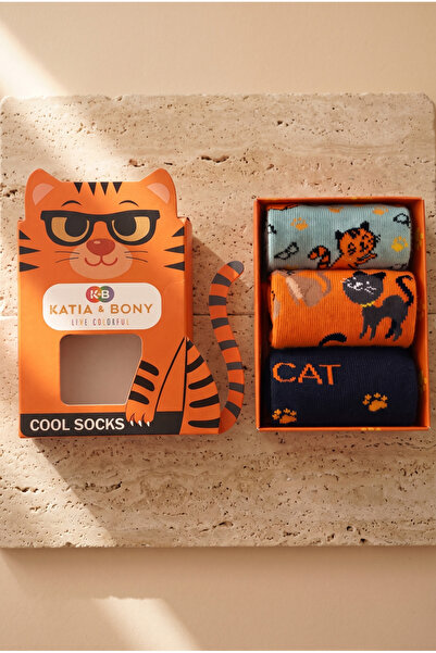 Katia&Bony Çocuk 3D Kedi Desenli Kutulu 3'lü Soket Çorap