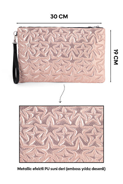 Ecrou Yıldız Desenli Pudra Parlak Portföy & Clutch Çanta Çıkarılabilir Bileklik Askılı 30 x 19 cm