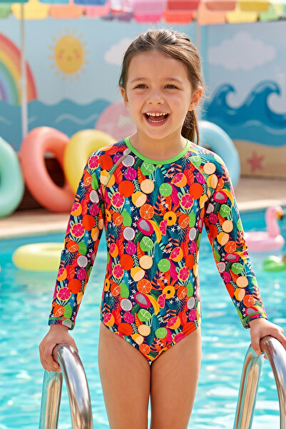 NEOPY Uv Protection Long Sleeve Open Back Girls Swimsuit 5201 Green