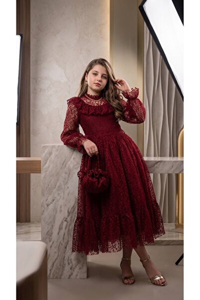 BİLGEN Style Girl's Burgundy Graduation Dress Leopard Patterned Long Evening ...