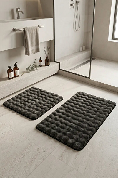 Bubble 2-Piece Bath Mat Set Anthracite Soft Machine Washable 60x100 and 40x60