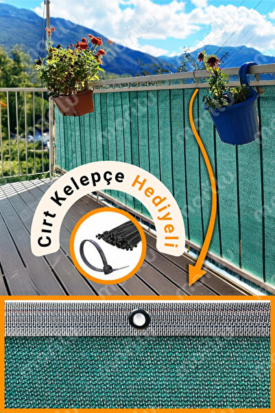 Morilu %95lik YEŞİL Balkon Perdesi - KIRÇILLI Şeritli Halkalı - Balkon Gizlem...