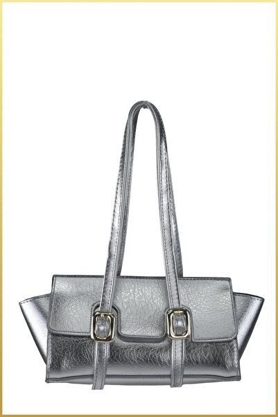birizmoda Women's Clamshell Shoulder Bag with Buckle Detail - Silver