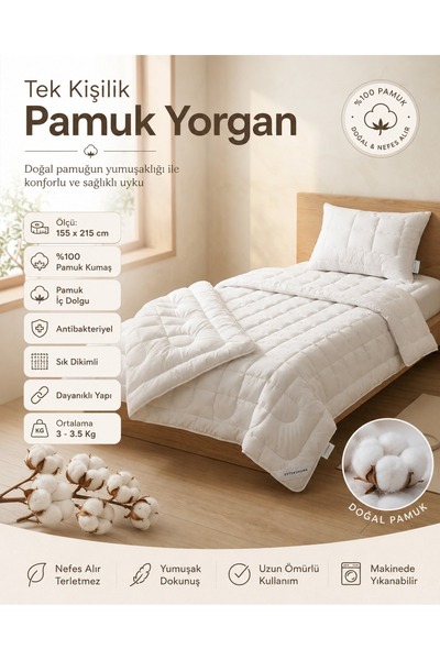 EVTEKSHOME Tek Kişilik %100 Pamuk 155 x 215 cm Yorgan | Doğal Pamuk Kumaş ve ...
