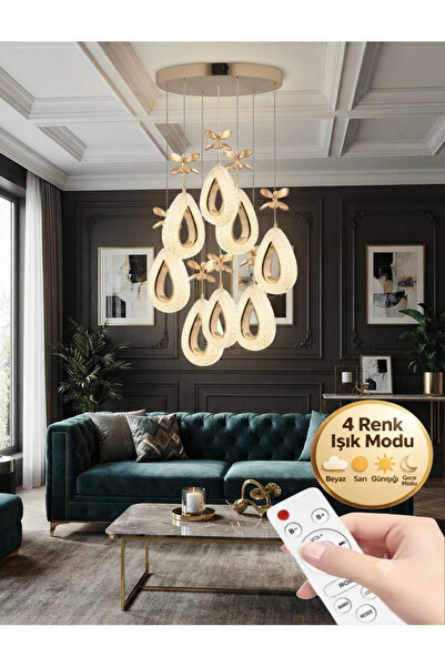 Lüxev Lighting Yağmur Model 8'li Gold 3 Renk Modu Kristal Taşlı Modern Salon ...