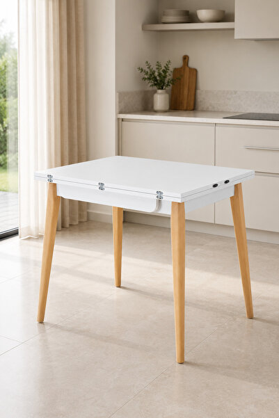 VİLİNZE Avanos Ahşap Ayaklı Katlanır Kanatlı Mdf Mutfak Masası - 60x90+60 (90...