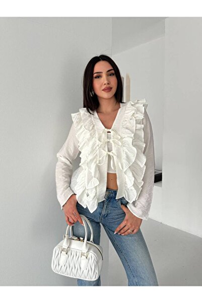 Noa&Noa Ruffled Lace-Up Blouse-Ecru Ekru