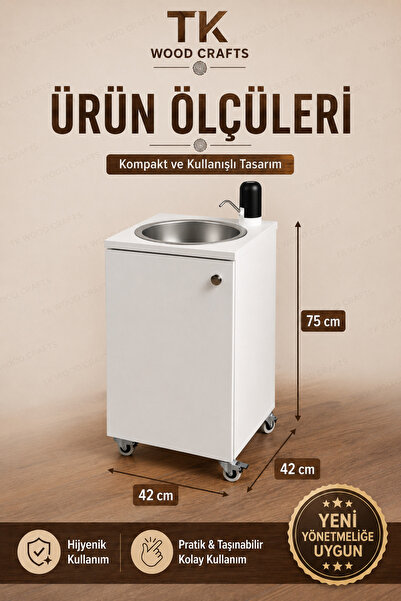 TK WOOD CRAFTS Premium Mobil Seyyar Lavabo Yeni Yönetmeliğe Uygun Tekerlekli Şarjlı Musluklu