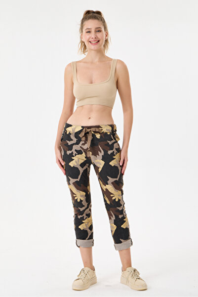 della moor Women's Mink Italian Foil Camouflage Pattern Washed Lycra Pants Si...