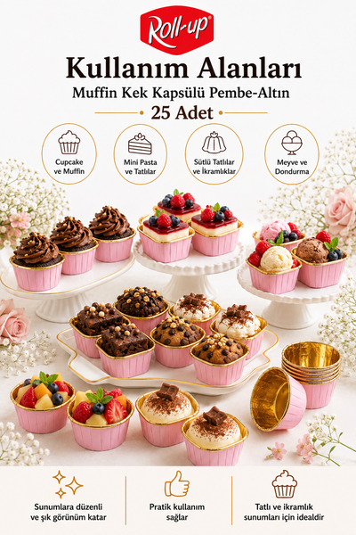 Dolphin Muffin Kek Kapsülü Pembe-altın 25li