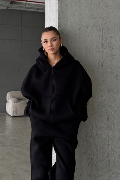 YAKAMEL KADIN 3 İPLİK OVERSİZE FERMUARLI SWEATSHİRT HIRKA