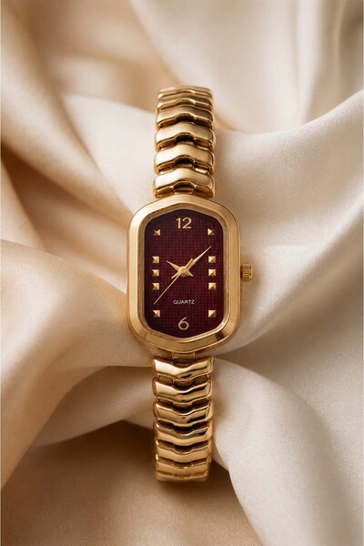 İnogge Shimal Women's Steel Watch Gold Color & Burgundy Dial Italian Strap De...