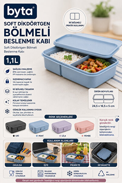 BYTA 1,1 L İki Bölmeli Beslenme Kabı – Lunch Box, BPA İçermez, Gıda Saklama Kabı