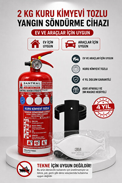 SANTRAL 2 Kg Yangın Söndürme Tüpü 3m N95 Maske Hediyeli Araç Ve Evler Için Uygun