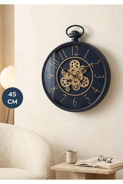 HOMİNG Eskitme Detaylı Lumo Çarklı 45 cm Büyük Boy Duvar Saati