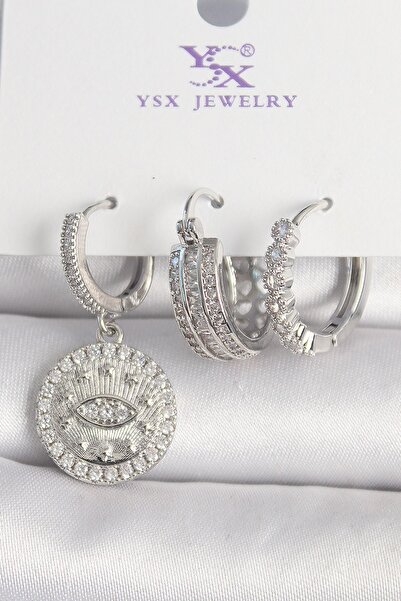 Inure Jewelry أقراط نحاسية فضية اللون مرصعة بحجر الزركون ومطرزة على شكل حلقة ...