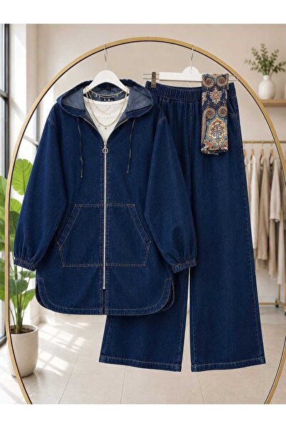 MODA VEDAT Kadın Fermuarlı Cepli Kot Takım -0650 (LACİVERT)
