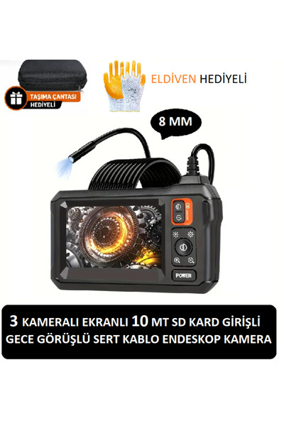 whitetech Ekranlı 3 Kameralı 10Mt Sert Kablo Sd Kart girişli Gece Görüşlü End...