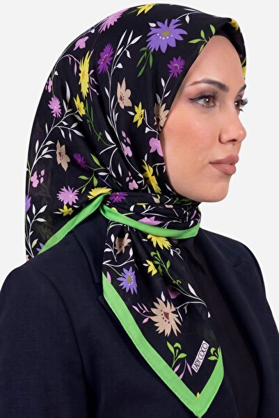 hadiora وشاح نسائي ناعم من القطن العضوي بنقشة الزهور باللونين الأسود والأخضر