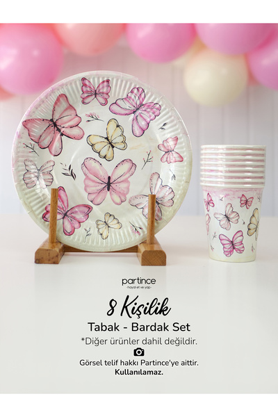 partince 8 Kişilik Pembe Kelebek Tema Tabak Bardak Set Kullan At Karton Tabak...