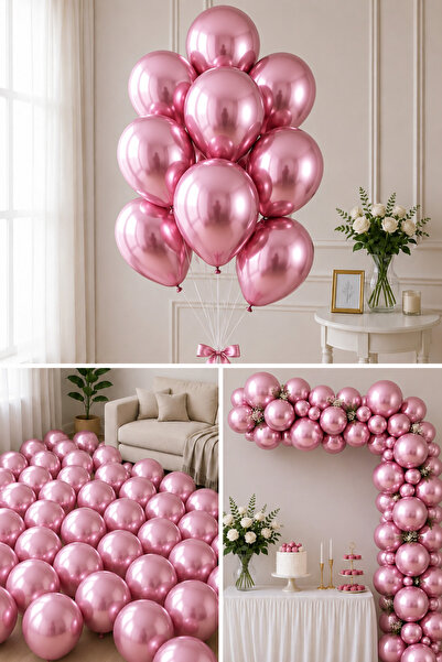 Parti dolabı Krom Parlak Metalik Pembe Renk 10'Lu Balon