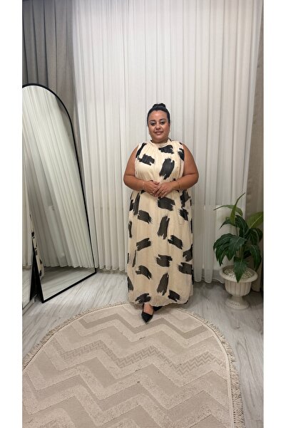 Butik Boyundan Bağlamalı Desenli Ekru Şifon Elbise