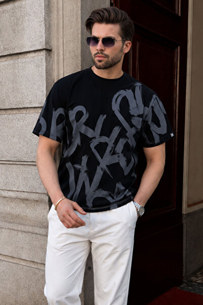 Madmext Men's Black Overfit Patterned T-Shirt 5811