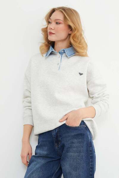 Fulla Moda 3 İplik Kot g Paneled Sweatshirt with Metal Accessories