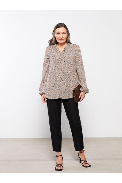 LC Waikiki Ruffled Stand Collar Floral Long Sleeve Viscose Women's Blouse (S2)