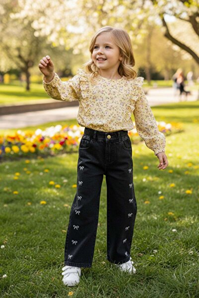 Fulla Moda Pantaloni pentru fete cu talie elastică și broderie cu fundiță