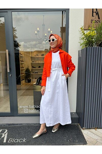 Babil Butik TD3562 Natural Keten Kolsuz Keten Elbise Beyaz