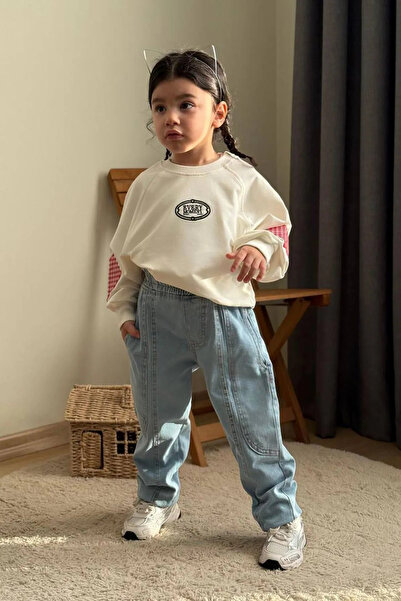 Minigimin Cicileri Mini Girl's Plaid Heart Patterned Jeans Pants Set - White