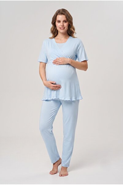 Pelin Women's Blue New Season 2-Piece Maternity Pajama Set with Breastfeeding...