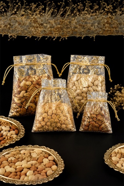 Muensu Gold 50 Adet 12*14 Çerez Kesesi, Düğün, Kına Kesesi, Tül Kese, Kına, D...