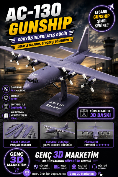 Genç 3D AC-130 Gunship Model Uçak | Koleksiyonluk Dekoratif Maket | 3D Tasarım